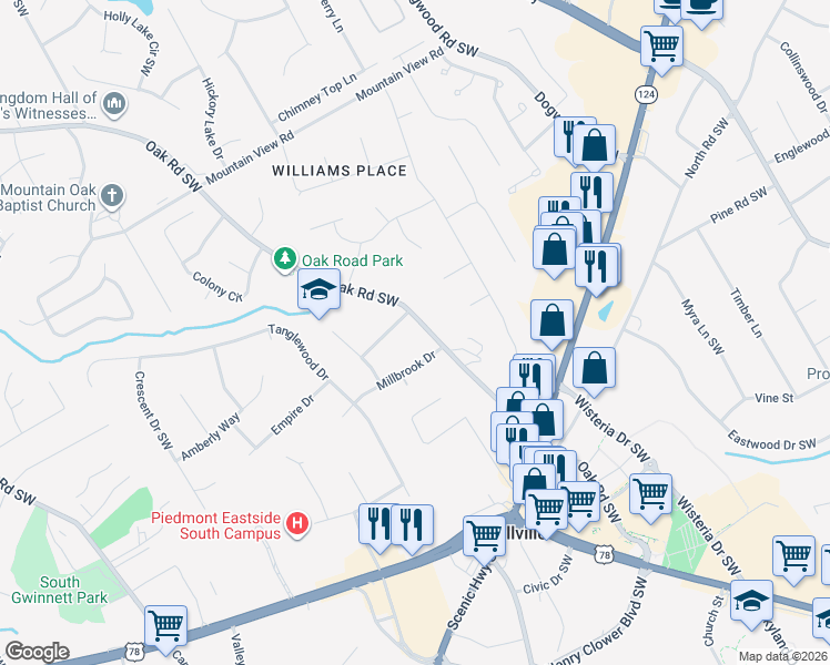 map of restaurants, bars, coffee shops, grocery stores, and more near 2045 Oak Road Southwest in Snellville