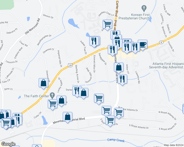 map of restaurants, bars, coffee shops, grocery stores, and more near 4827 Summit Hills Way in Tucker