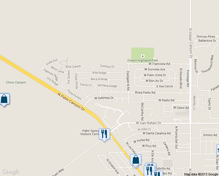 map of restaurants, bars, coffee shops, grocery stores, and more near 799 Ventana Ridge in Palm Springs