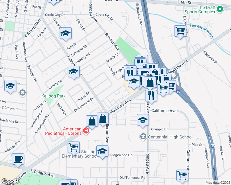map of restaurants, bars, coffee shops, grocery stores, and more near 1610 Raintree Place in Corona