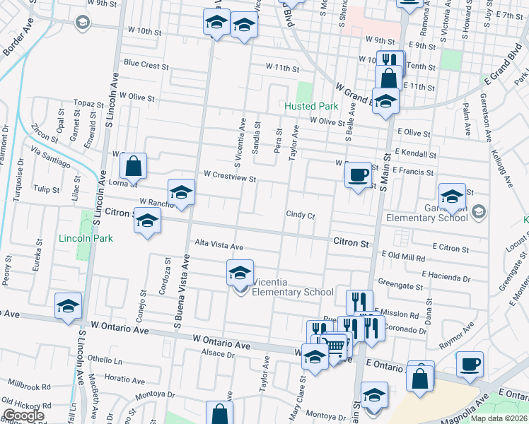 map of restaurants, bars, coffee shops, grocery stores, and more near 1689 Lorraine Drive in Corona