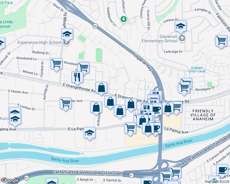 map of restaurants, bars, coffee shops, grocery stores, and more near 5440 East Snow Wood Circle in Anaheim