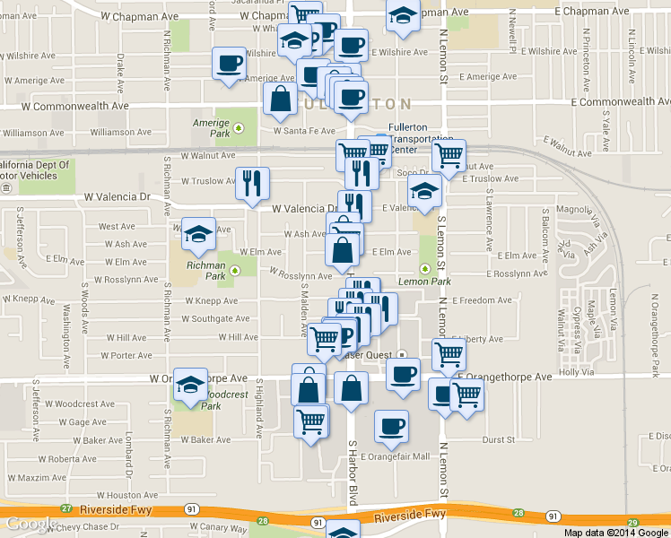 map of restaurants, bars, coffee shops, grocery stores, and more near 126 West Elm Avenue in Fullerton