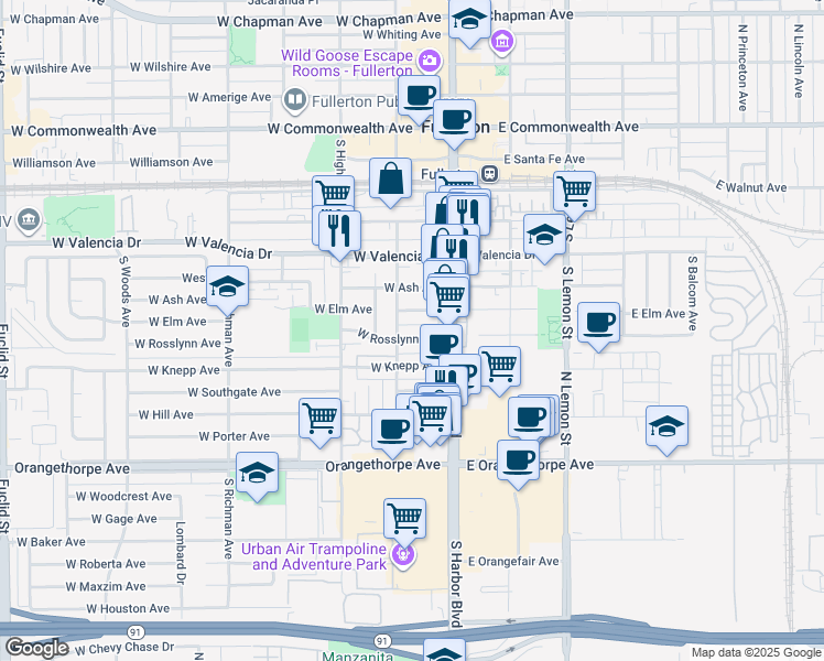 map of restaurants, bars, coffee shops, grocery stores, and more near 126 West Elm Avenue in Fullerton