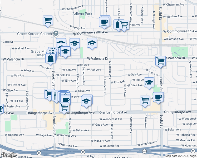 map of restaurants, bars, coffee shops, grocery stores, and more near 1468 West Oak Avenue in Fullerton