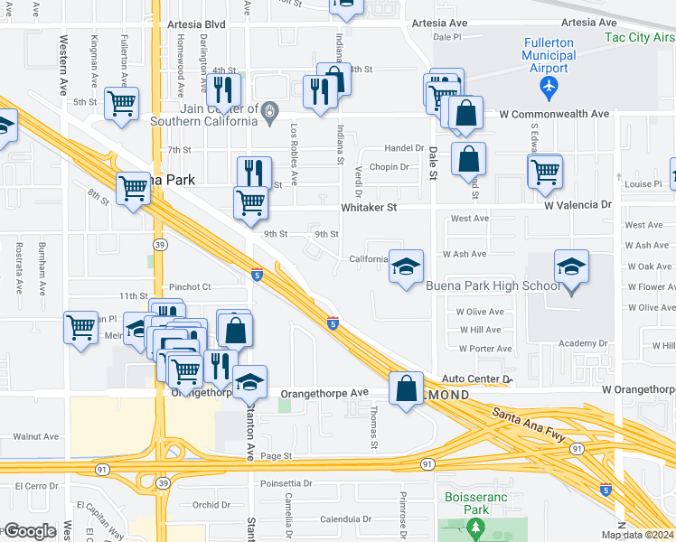 map of restaurants, bars, coffee shops, grocery stores, and more near 8220 California Street in Buena Park