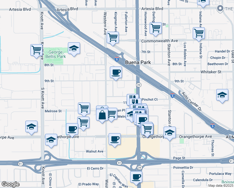 map of restaurants, bars, coffee shops, grocery stores, and more near 7601 10th Street in Buena Park