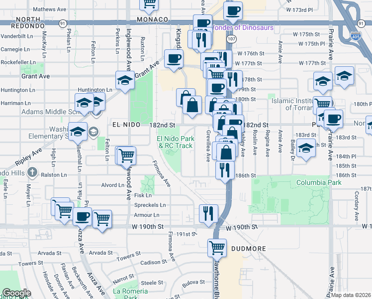 map of restaurants, bars, coffee shops, grocery stores, and more near 18326 Kingsdale Avenue in Redondo Beach