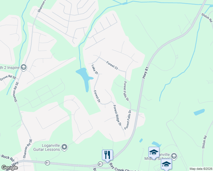 map of restaurants, bars, coffee shops, grocery stores, and more near 5543 Forest Drive in Loganville