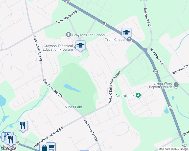 map of restaurants, bars, coffee shops, grocery stores, and more near 3488 Woodshade Drive in Loganville