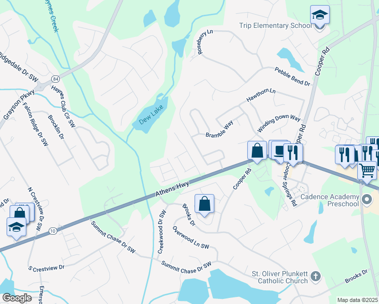 map of restaurants, bars, coffee shops, grocery stores, and more near 124 Camry Lane Southwest in Grayson