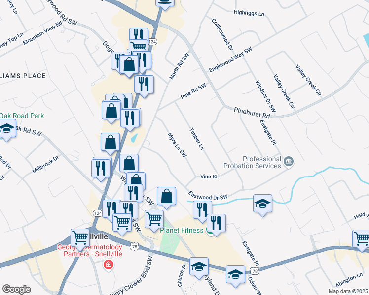 map of restaurants, bars, coffee shops, grocery stores, and more near 2208 Myra Lane Southwest in Snellville