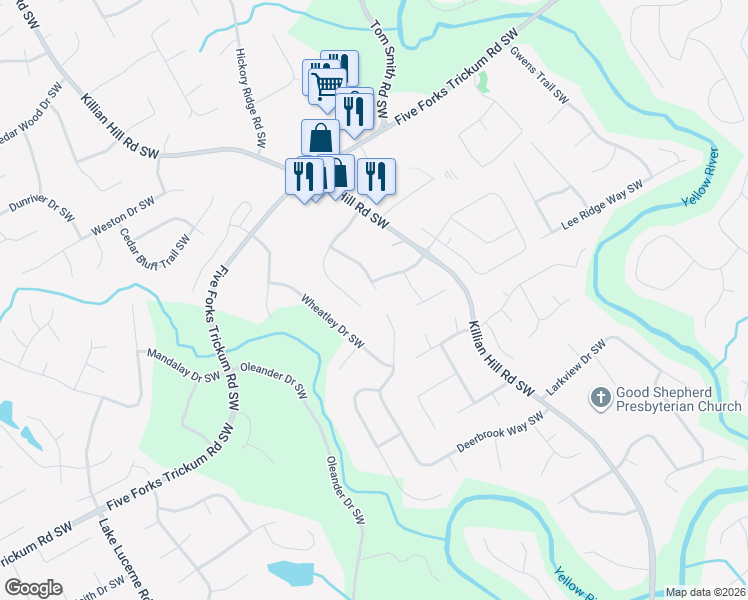 map of restaurants, bars, coffee shops, grocery stores, and more near 1093 Washington Lee Drive Southwest in Lilburn