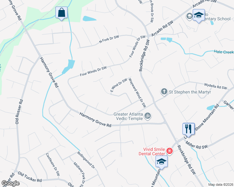 map of restaurants, bars, coffee shops, grocery stores, and more near 338 West Wind Drive Southwest in Lilburn