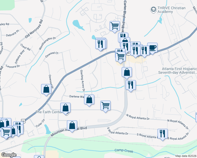 map of restaurants, bars, coffee shops, grocery stores, and more near 4827 Summit Hills Way in Tucker