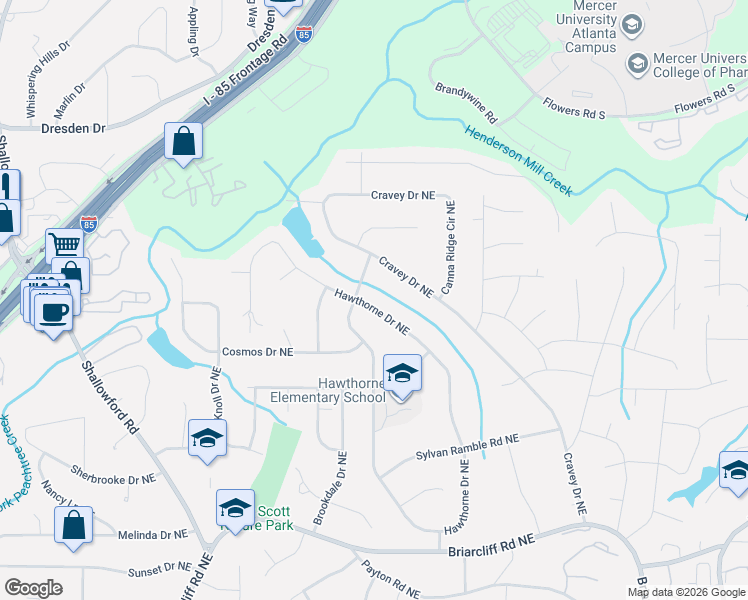 map of restaurants, bars, coffee shops, grocery stores, and more near 2677 Hawthorne Drive Northeast in Atlanta