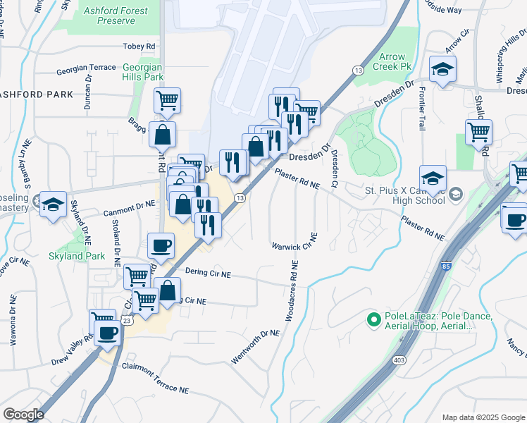 map of restaurants, bars, coffee shops, grocery stores, and more near 2642 Warwick Circle Northeast in Atlanta