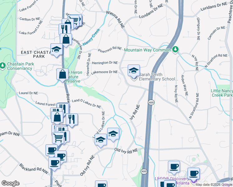 map of restaurants, bars, coffee shops, grocery stores, and more near 3994 Whittington Drive Northeast in Atlanta