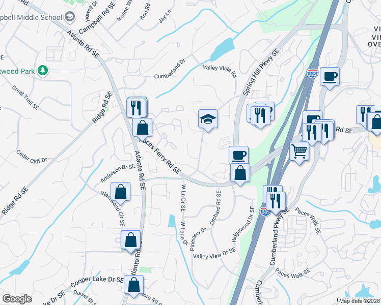 map of restaurants, bars, coffee shops, grocery stores, and more near 3662-A-B Spring Hill Parkway Southeast in Smyrna