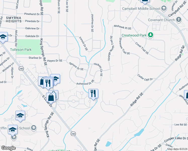 map of restaurants, bars, coffee shops, grocery stores, and more near 3783 Ashwood Drive Southeast in Smyrna