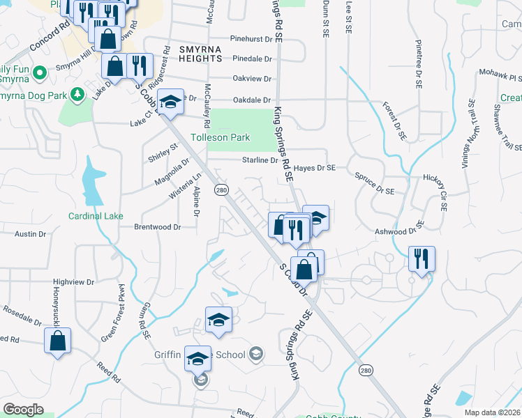map of restaurants, bars, coffee shops, grocery stores, and more near 204 Alexandria Way in Smyrna