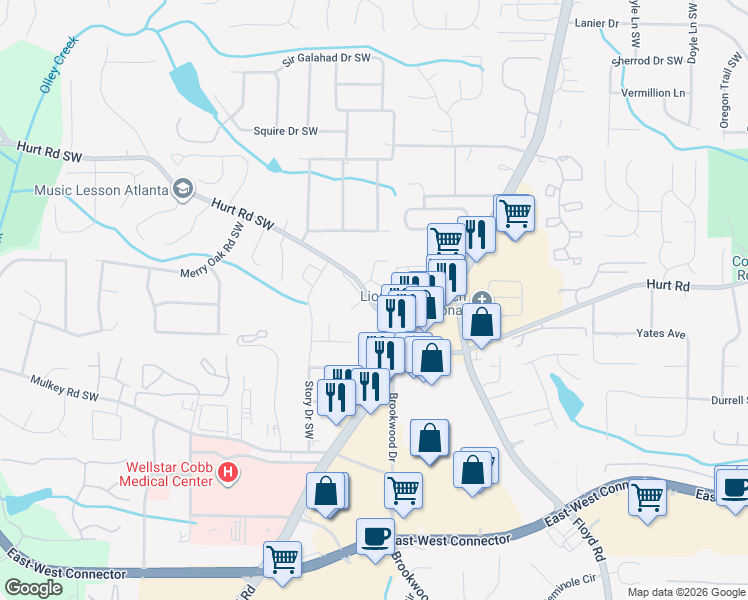 map of restaurants, bars, coffee shops, grocery stores, and more near 1514 Hurt Road Southwest in Marietta