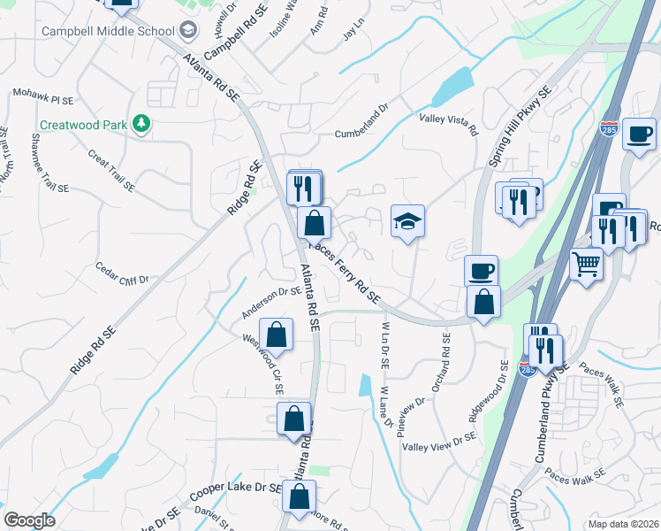 map of restaurants, bars, coffee shops, grocery stores, and more near 3709 Paces Park Circle Southeast in Smyrna