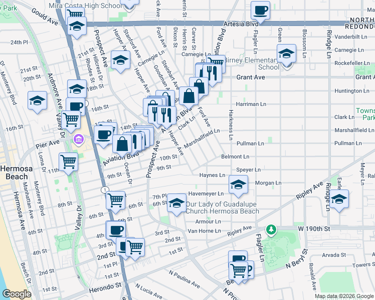 map of restaurants, bars, coffee shops, grocery stores, and more near 1120 Stanford Avenue in Redondo Beach