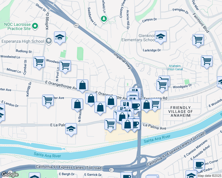 map of restaurants, bars, coffee shops, grocery stores, and more near 1704 North Willow Woods Drive in Anaheim