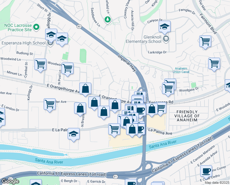map of restaurants, bars, coffee shops, grocery stores, and more near 1712 North Willow Woods Drive in Anaheim