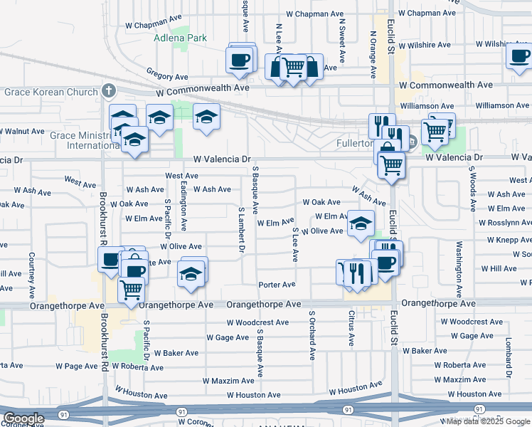 map of restaurants, bars, coffee shops, grocery stores, and more near 1348 West Oak Avenue in Fullerton