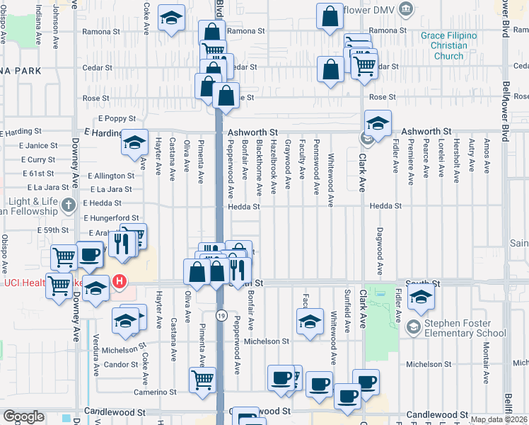 map of restaurants, bars, coffee shops, grocery stores, and more near 5968 Blackthorne Avenue in Lakewood