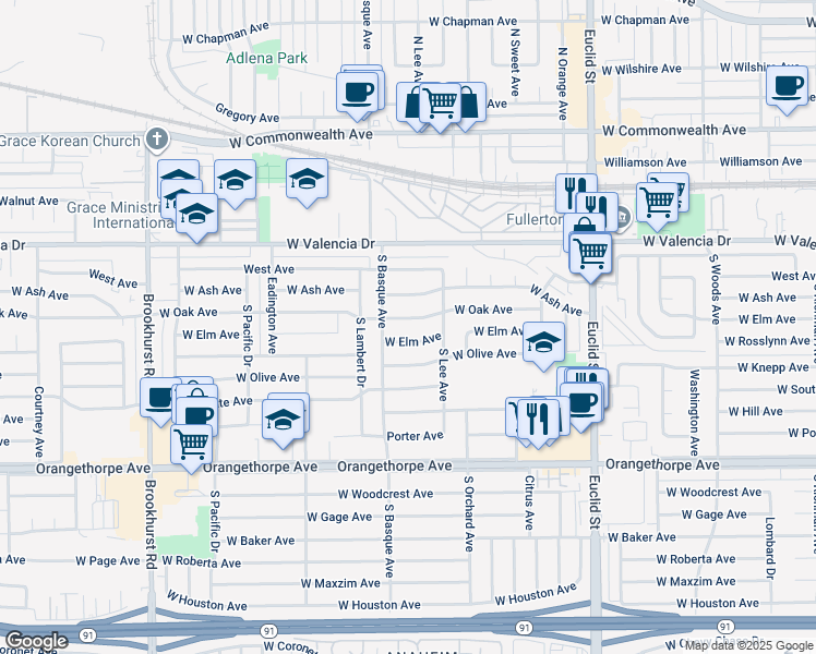 map of restaurants, bars, coffee shops, grocery stores, and more near 1348 West Oak Avenue in Fullerton