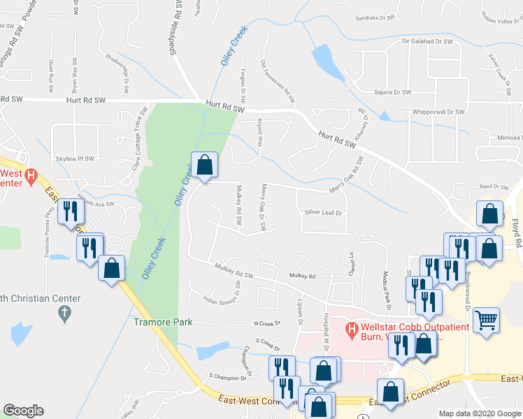 map of restaurants, bars, coffee shops, grocery stores, and more near Merry Oak Drive Southwest in Marietta