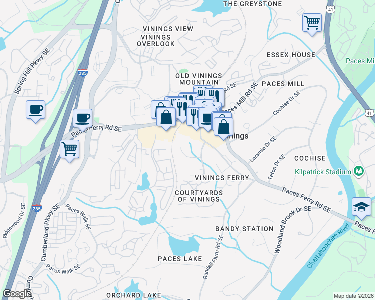 map of restaurants, bars, coffee shops, grocery stores, and more near 3610 Tanglewood Drive in Atlanta