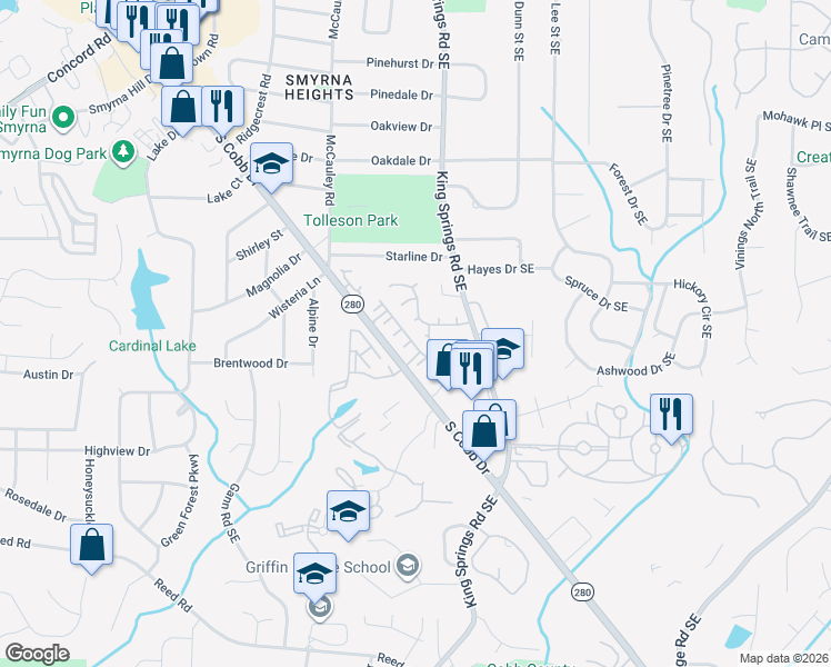 map of restaurants, bars, coffee shops, grocery stores, and more near 204 Alexandria Way in Smyrna
