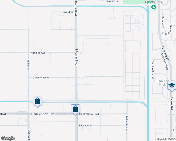 map of restaurants, bars, coffee shops, grocery stores, and more near 25100 Globe Street in Moreno Valley