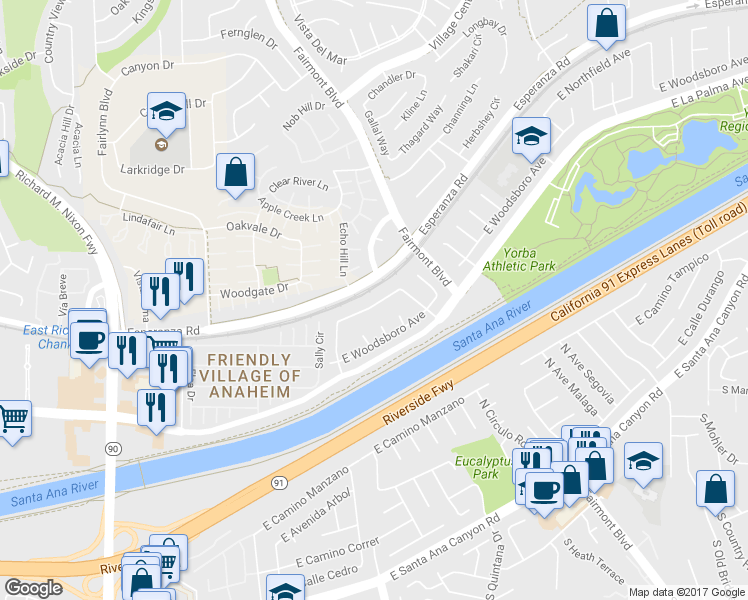 map of restaurants, bars, coffee shops, grocery stores, and more near 6263 East Northfield Avenue in Anaheim