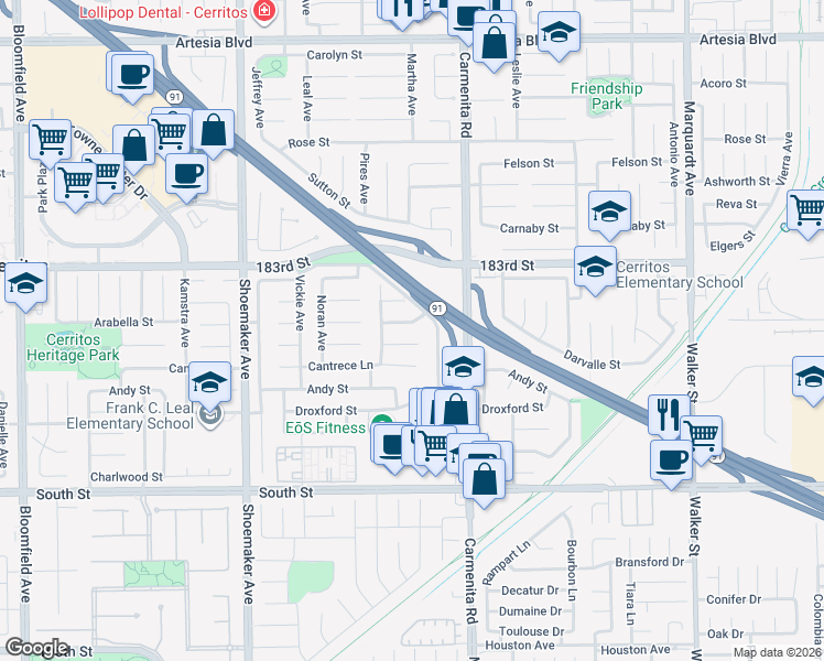 map of restaurants, bars, coffee shops, grocery stores, and more near 13244 Arabella Street in Cerritos