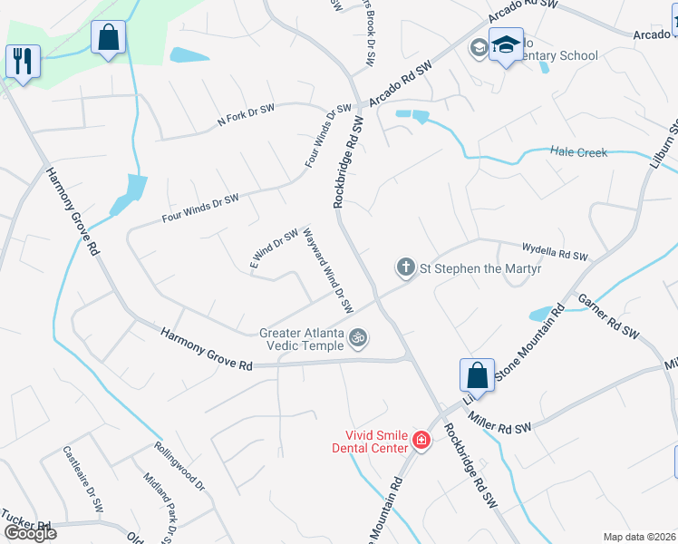 map of restaurants, bars, coffee shops, grocery stores, and more near 398 Wayward Wind Drive Southwest in Lilburn