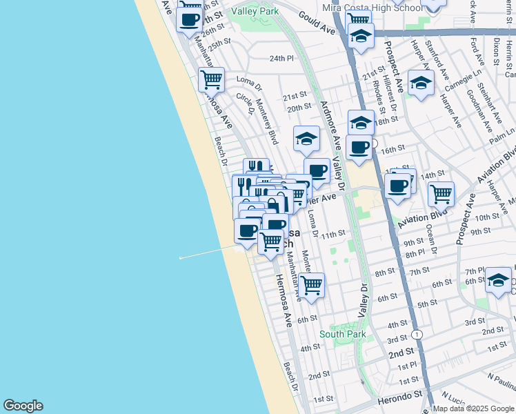 map of restaurants, bars, coffee shops, grocery stores, and more near 74 15th Court in Hermosa Beach