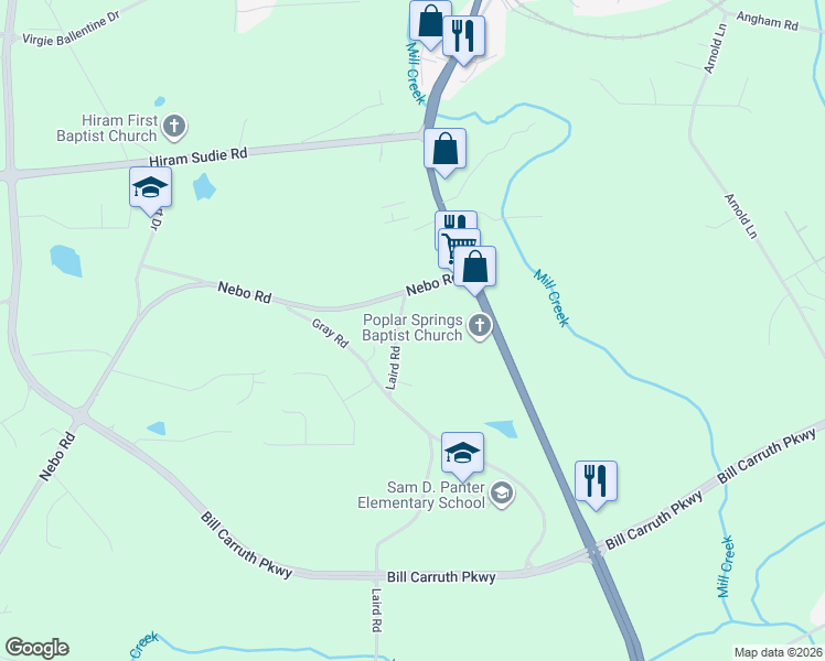map of restaurants, bars, coffee shops, grocery stores, and more near 93 Laird Road in Hiram