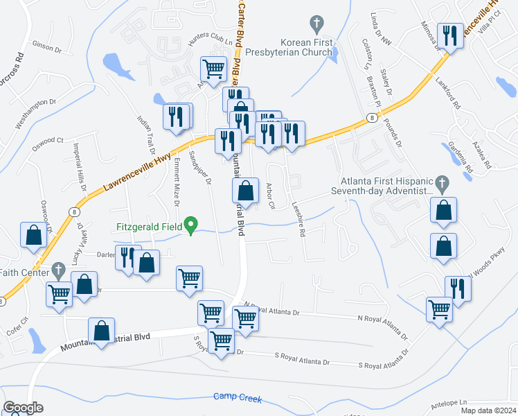 map of restaurants, bars, coffee shops, grocery stores, and more near 2645 Tucker Valley Road in Tucker