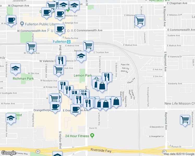 map of restaurants, bars, coffee shops, grocery stores, and more near 349 East Rosslynn Avenue in Fullerton