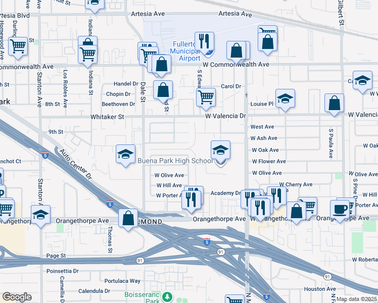 map of restaurants, bars, coffee shops, grocery stores, and more near 4201 West Oak Avenue in Fullerton