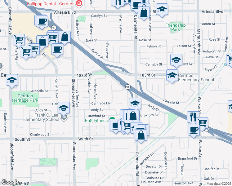 map of restaurants, bars, coffee shops, grocery stores, and more near 13226 Arabella Street in Cerritos