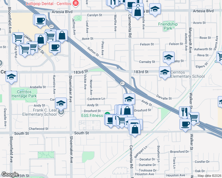 map of restaurants, bars, coffee shops, grocery stores, and more near 13244 Arabella Street in Cerritos