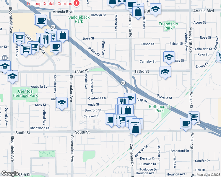 map of restaurants, bars, coffee shops, grocery stores, and more near 18501 Cecelia Way in Cerritos