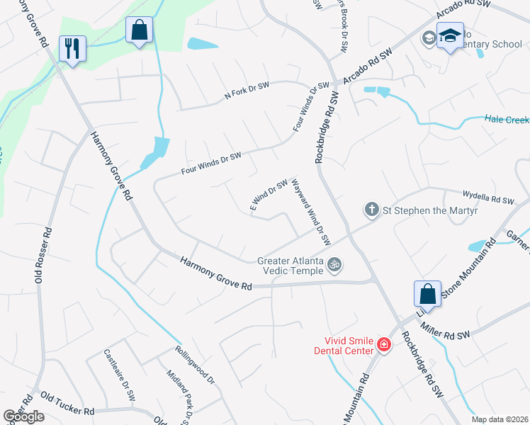 map of restaurants, bars, coffee shops, grocery stores, and more near 338 West Wind Drive Southwest in Lilburn