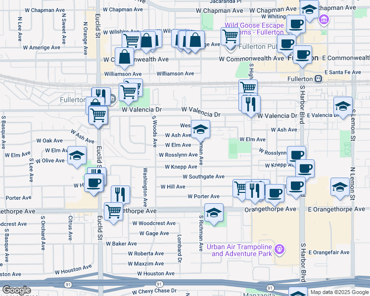 map of restaurants, bars, coffee shops, grocery stores, and more near 530 West Elm Avenue in Fullerton
